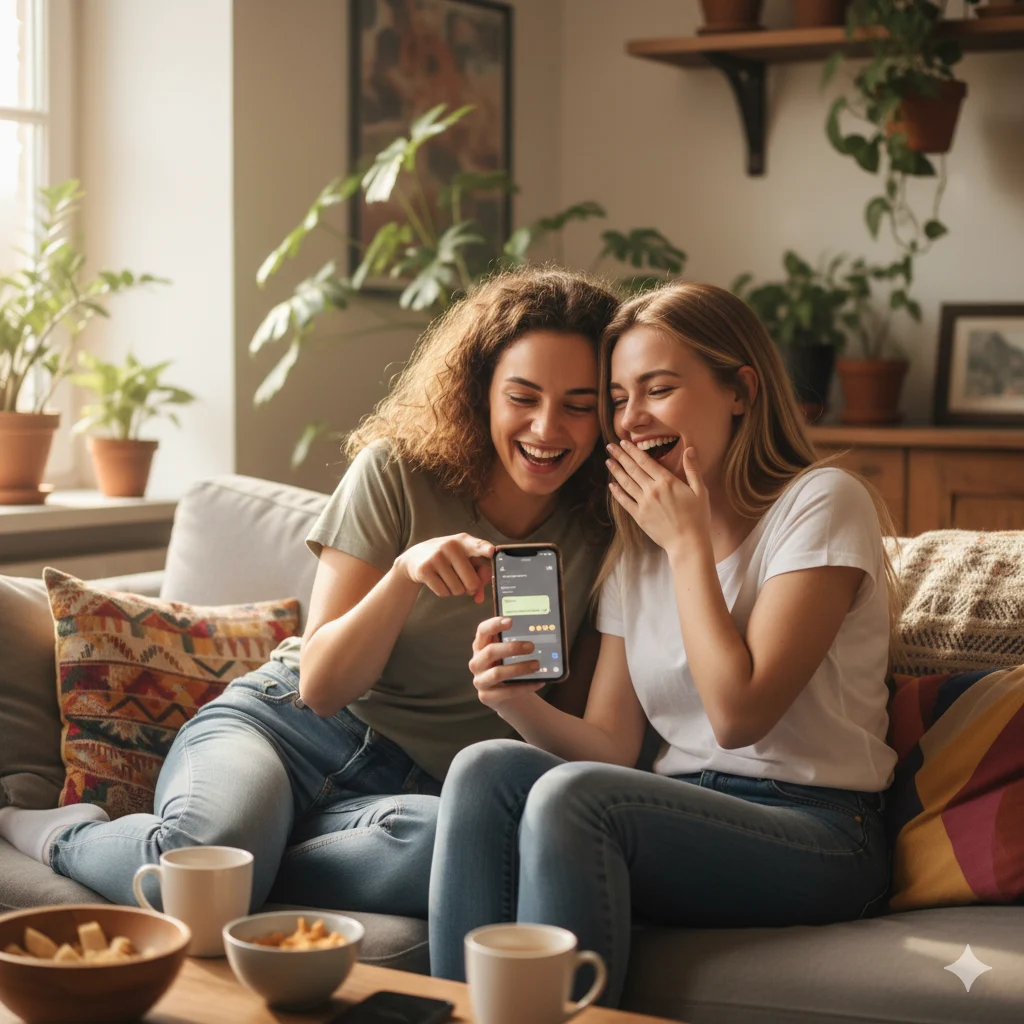 Friends texting and reacting to YNS abbreviation on smartphone