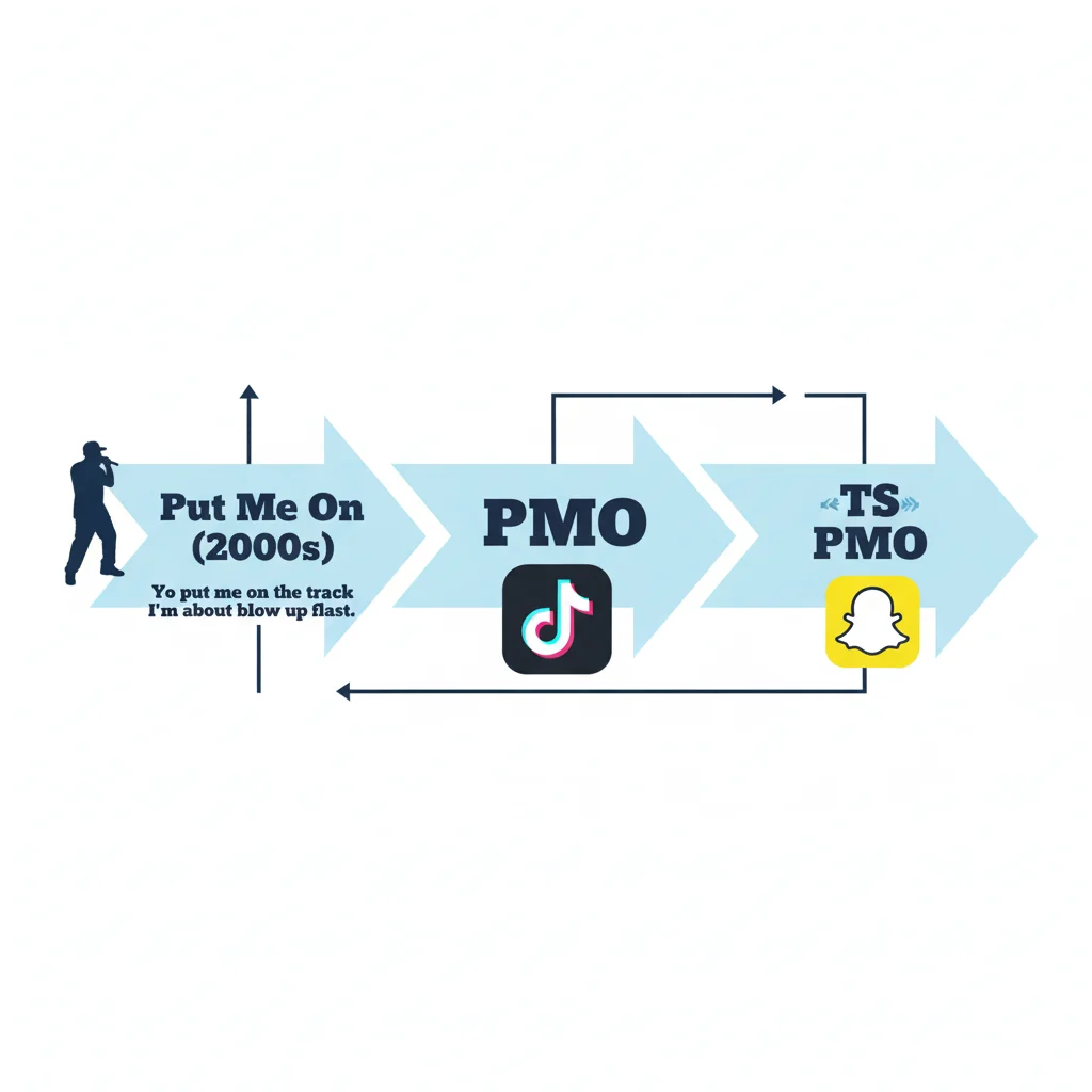 Timeline showing how “Put Me On” evolved into “TS PMO,” influenced by hip-hop and social media slang.