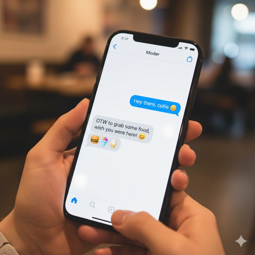 Flirty emoji combo of burger and grape snow cone in chat message.