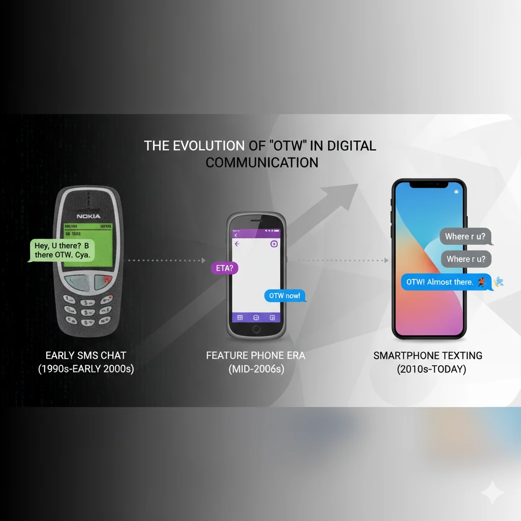 Timeline graphic showing how OTW abbreviation evolved from SMS to modern texting.