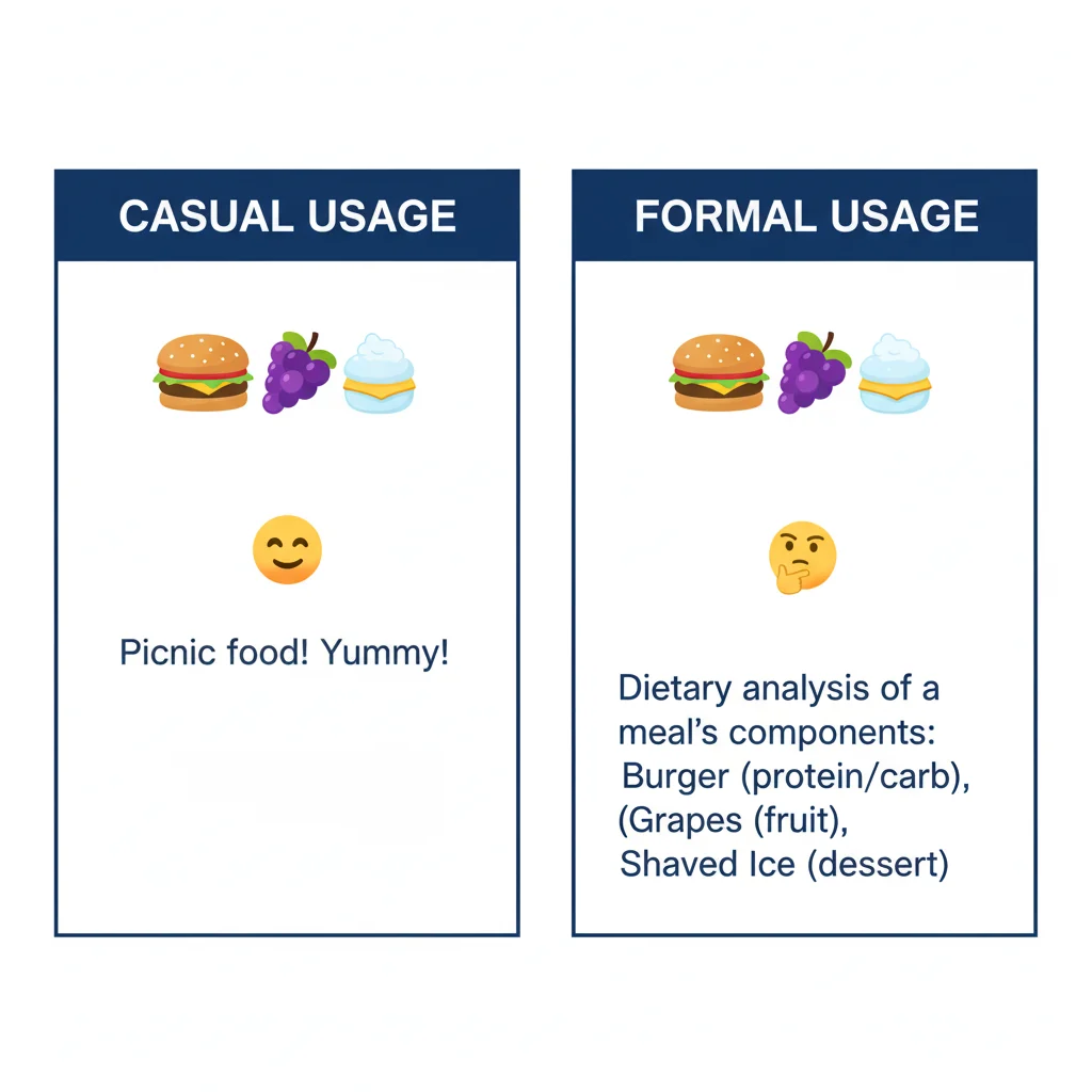 Table showing proper and improper uses of burger and grape snow cone emojis.