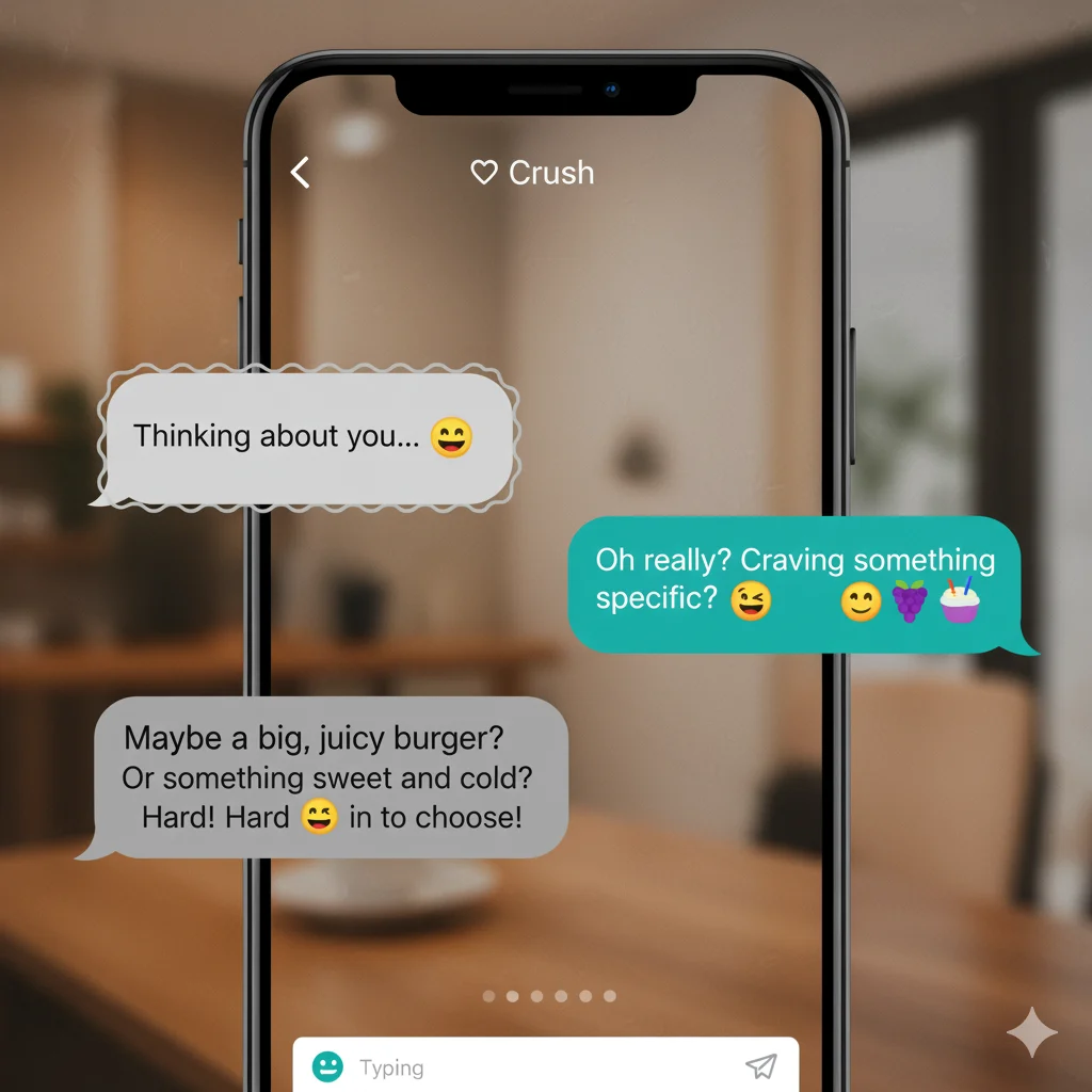 Phone chat with friends using burger and snow cone emojis in conversation.