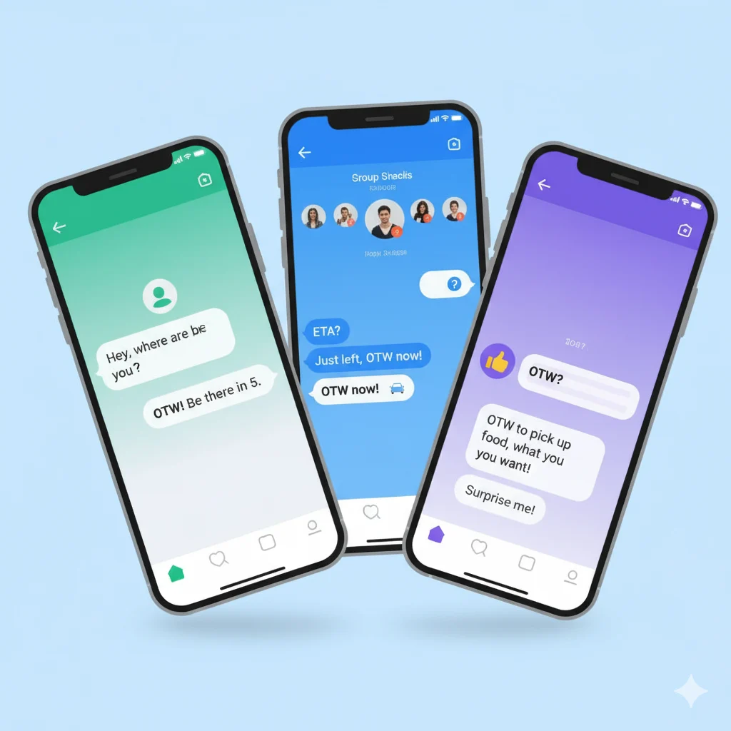 Different mobile apps showing OTW used in captions and chat messages