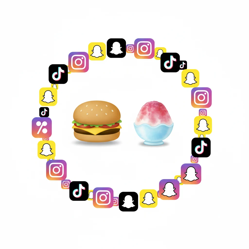 Social media icons with burger and grape snow cone emojis.