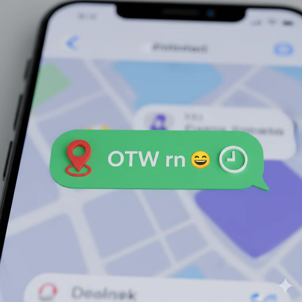 Smartphone chat showing OTW abbreviation used in texting with travel emojis.