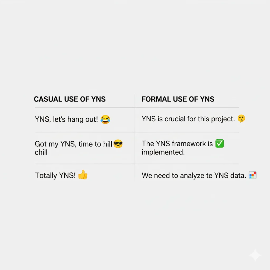 Comparison table for YNS slang usage in casual and formal contexts